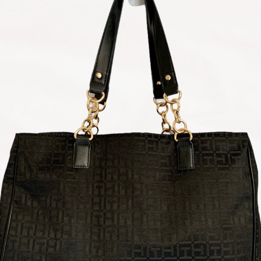 Tommy Hilfiger, Large, Black, T H Motif, Cloth Tote, Chain Handle - Picture 2 of 16